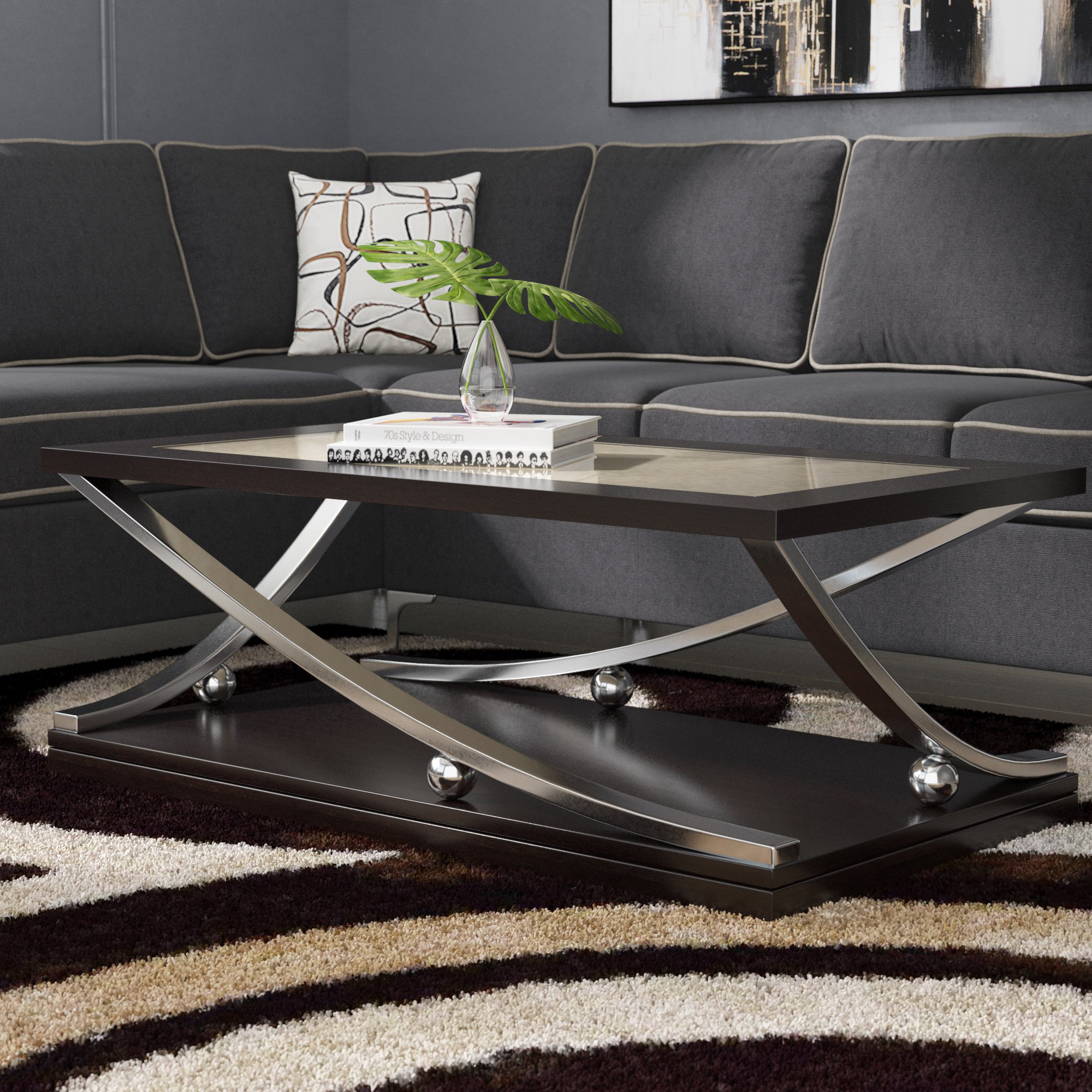 Cross legs coffee table with outlet storage