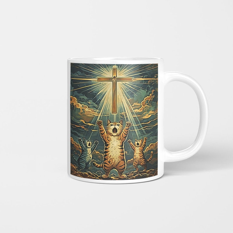 Tasse amusante de chat qui prie Jésus