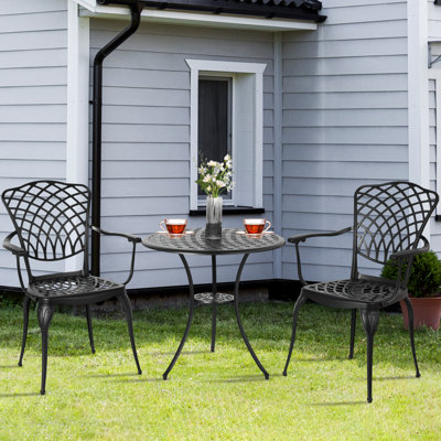  Ensemble bistro 3 pièces en fonte d'aluminium avec trou pour parasol, table en métal toutes saisons et 2 chaises, mobilier d'extérieur