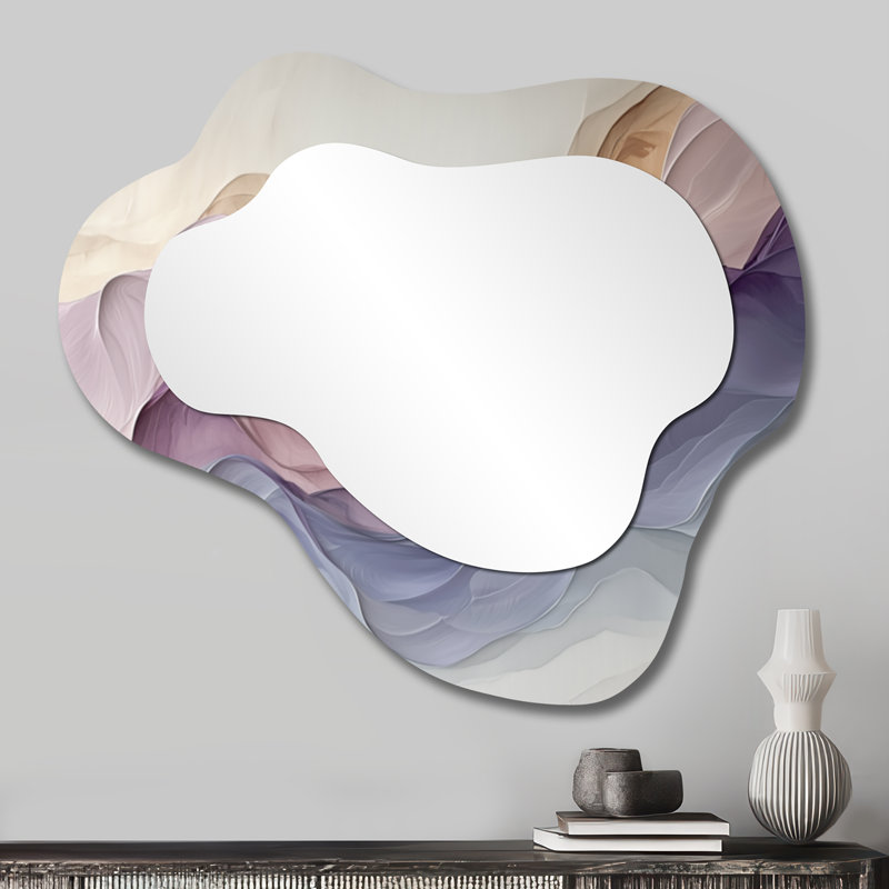 Lavande, tons doux, flux numérique - miroir décoratif asymétrique abstrait, miroir mural irrégulier moderne, imprimé sur métal