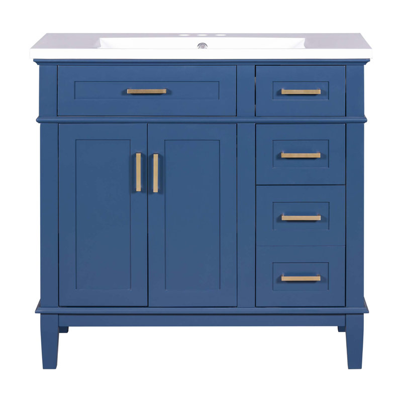Meuble-lavabo moderne avec lavabo en résine, 2 portes à fermeture douce et 4 tiroirs, Bleu