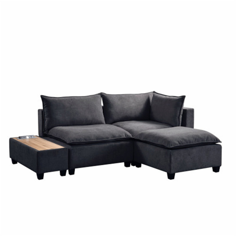 Latitude Run® Dark Grey Fabric Sectional Loveseat Ottoman with USB Storage Console Table, Dark Grey Chenille