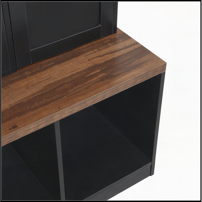 Hall Tree with 4 Hanging Hooks,Entryway Cabinet with Open Compartments, Black