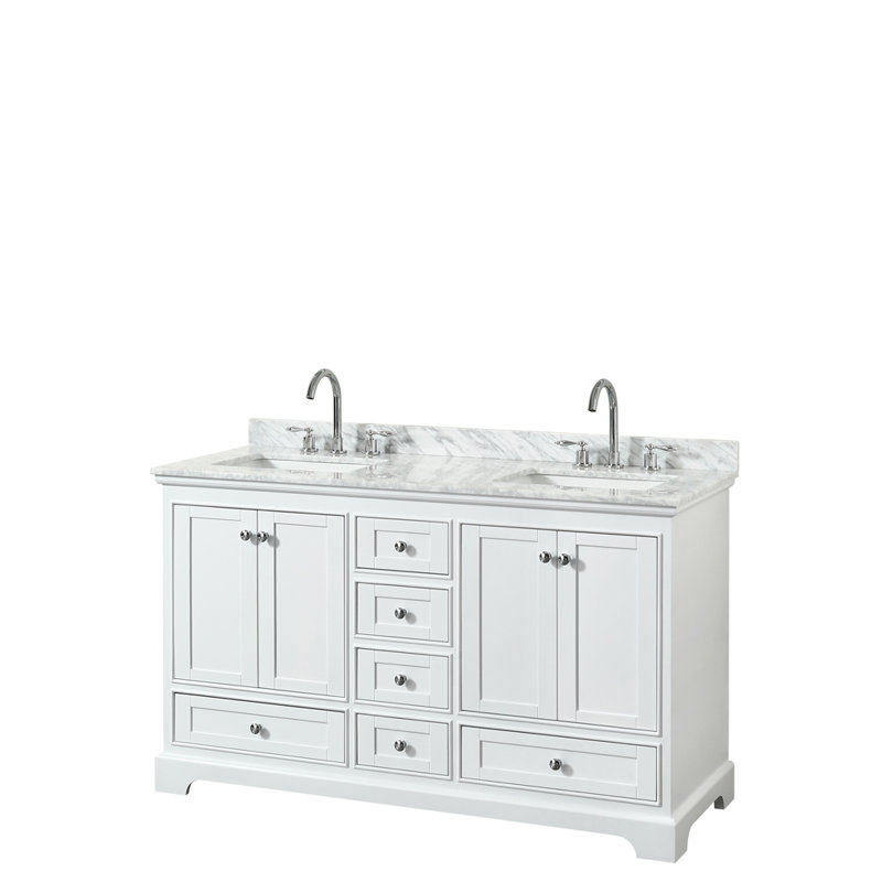 Deborah 60" White and Gold Double Bathroom Vanity with Marble Top