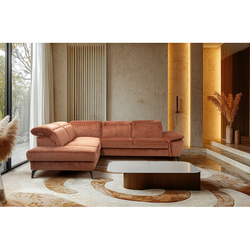 Bellagio Fabric Corner Sofa with Pull-Out Bed, Storage, Adjustable Headrests and Armrest, Orange, Left Hand Facing