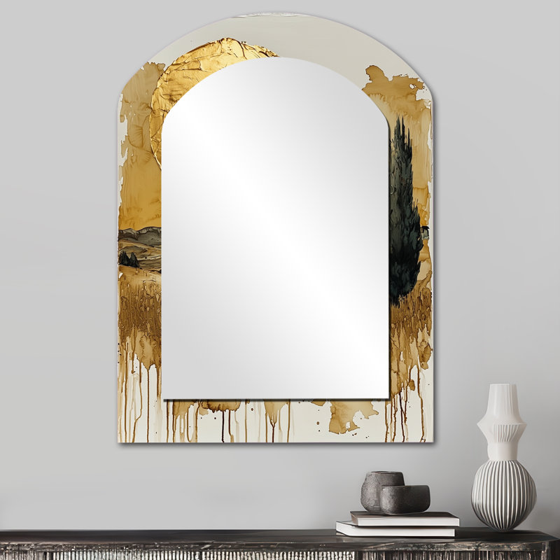 «Istanbul Gold Cappadocian Sunrise I - Miroir mural décoratif asymétrique, miroir en arc industriel, impression sur métal
