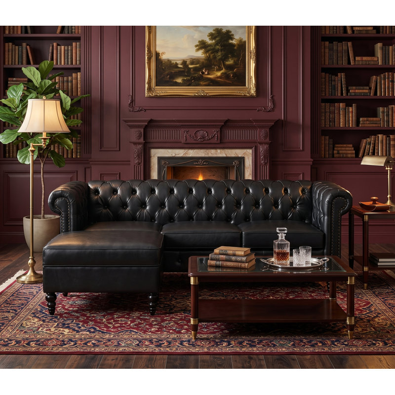 Canapé modulaire en L avec repose-pieds 85 po Chesterfield, Similicuir noir