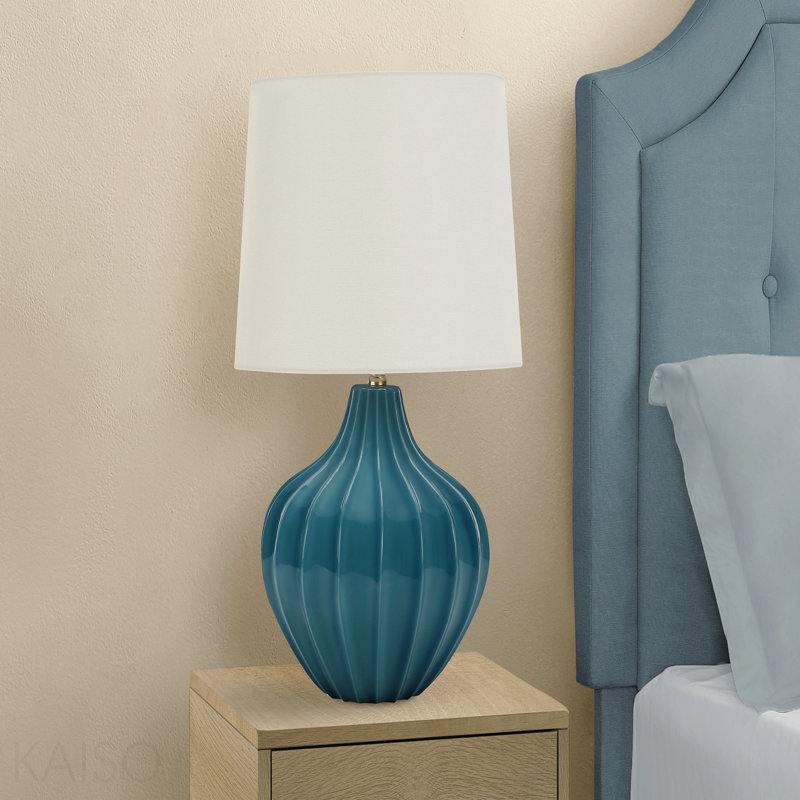 Lighting, H 24 po, lampe de table, céramique bleue, abat-jour ivoire / crème, transitionnel