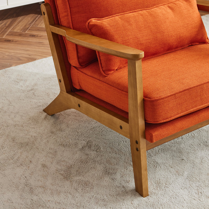 Orange Linen Upholstered Accent Chair with Oak Armrest