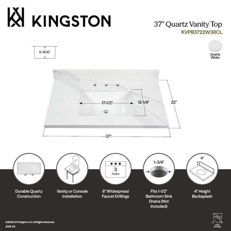 Kingston Brass Mayorca 37-Inch Quartz Vanity Top (8" Faucet Drillings)