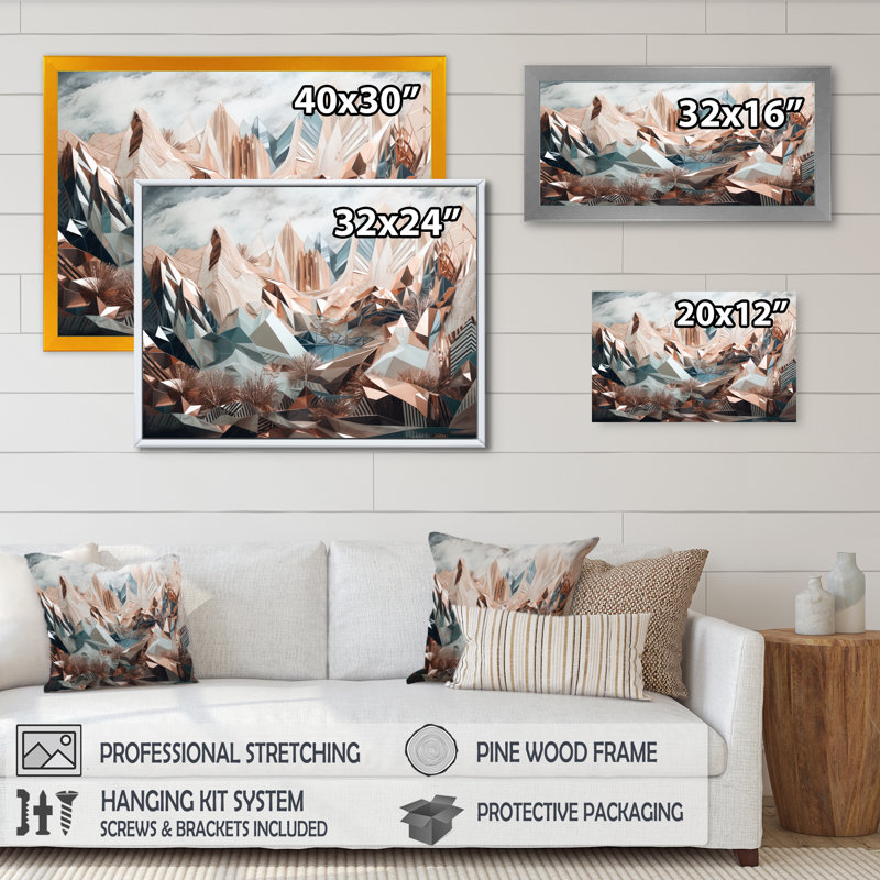 «Rose Gold Metallic Mountains II», reproduction sur toile, H 34 po x l 44 po x P 1,5 po, Cadre flottant noir