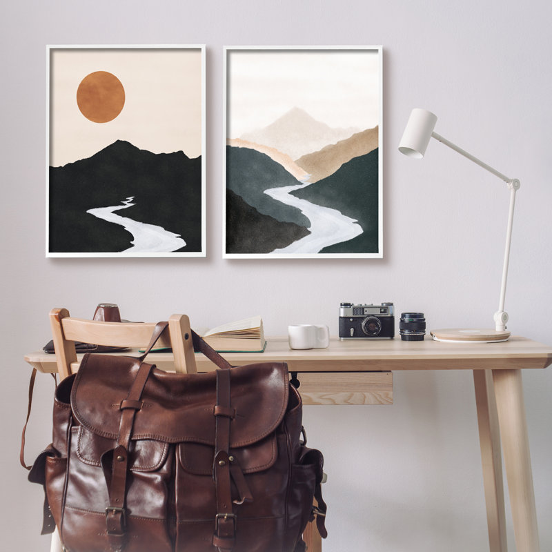 «River Flowing into Distance Mountain Sun Landscape» par JJ Design House LLC - Ensemble de 2 peintures sur toile à cadre flottant