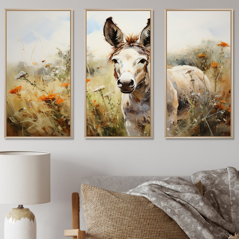 Donkey Flower Meadow Landscape II - âne, art mural, Cadre flottant brun, H 28 po x l 36 po