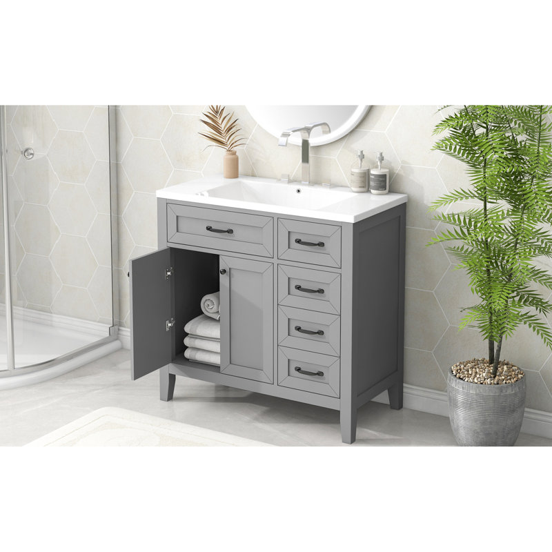 Meuble-lavabo de 36 po, meuble-lavabo gris avec tiroirs, structure en bois d'hévéa massif, lavabo encastré en céramique, armoire longue durée et surface imperméable