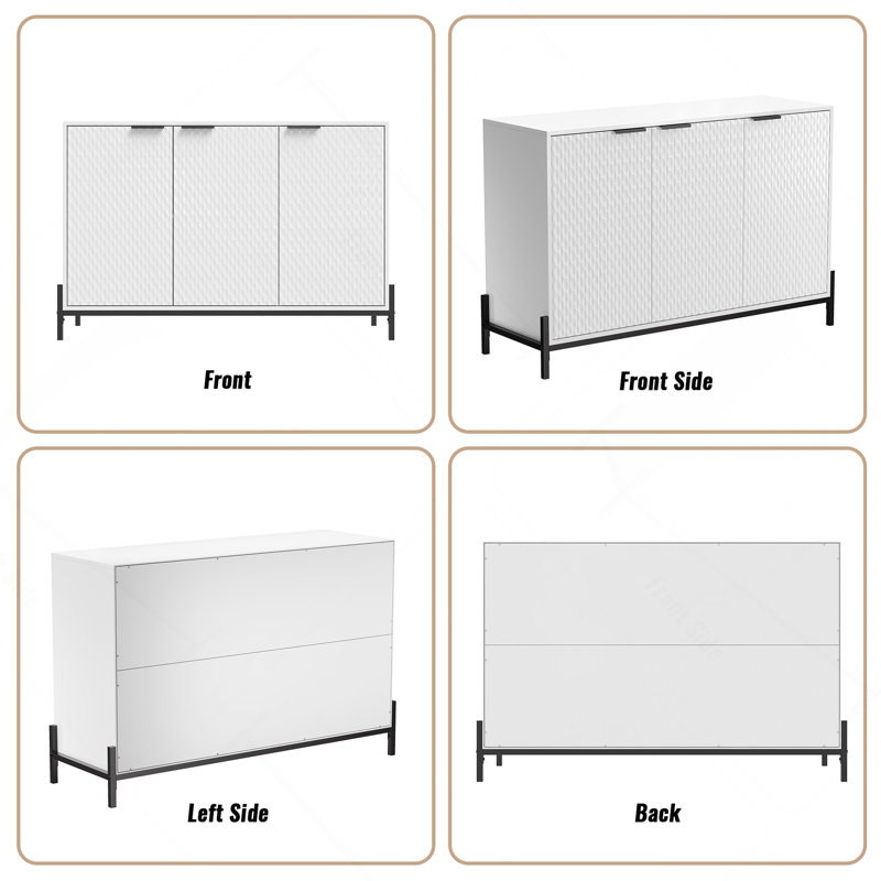 Buffet à 3 portes blanc brillant moderne avec buffet et pieds en métal thermolaqué, Blanc