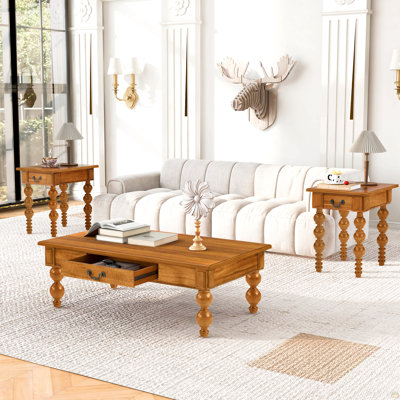 Ensemble de 3 tables basses en bois massif avec tiroir, table basse rétro et 2 tables d'appoint