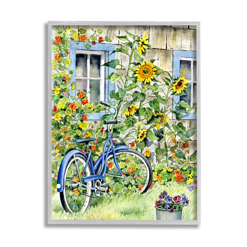 Vélo sur des tournesols traditionnels - Impression sur toile, H 14 po x l 11 po, Estampe numérique Farmhouse