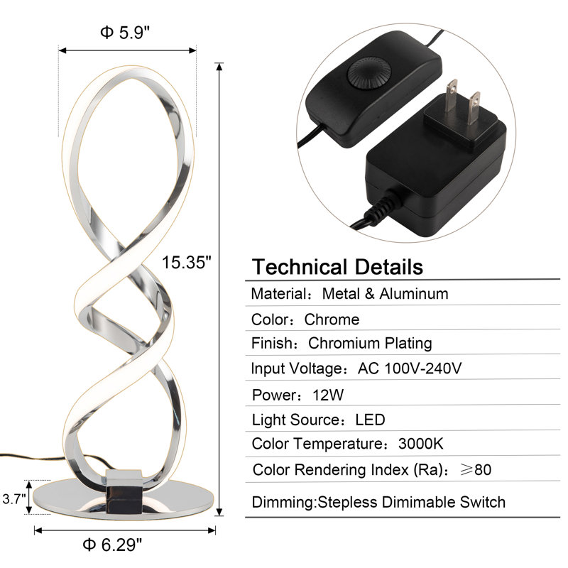 Lampe de table à spirale Macy-Rose, Argent argent