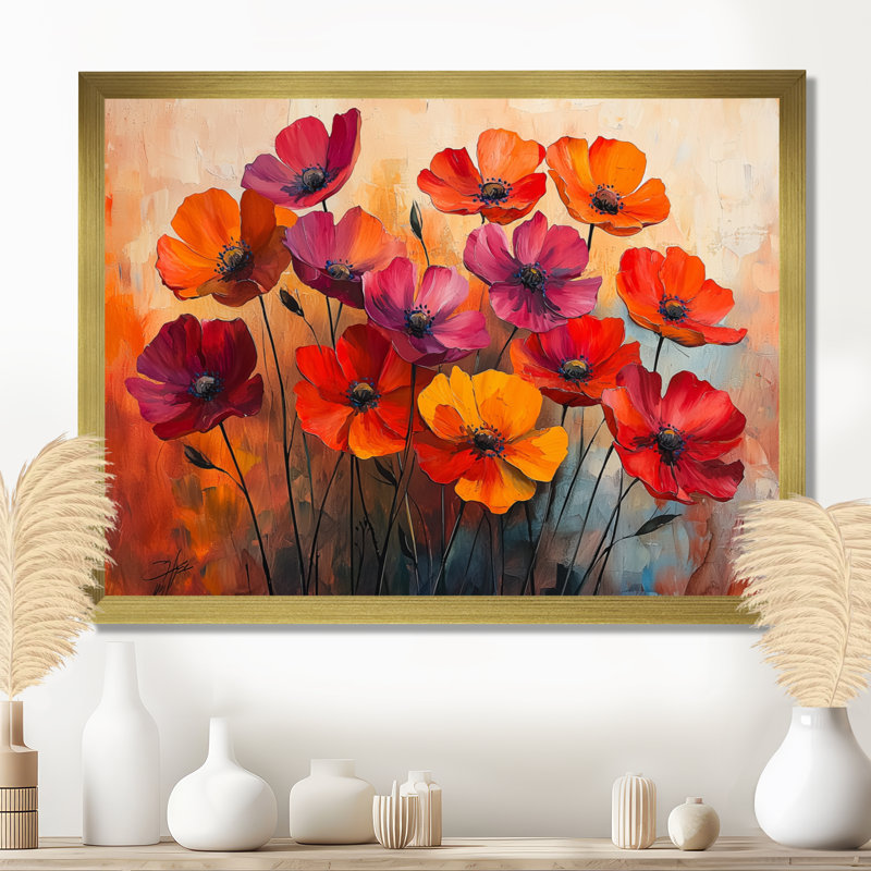 Jabryan orange dansant parmi les fleurs sauvages II - Art mural de fleurs sauvages pour le salon, H 30 po x l 40 po, Doré