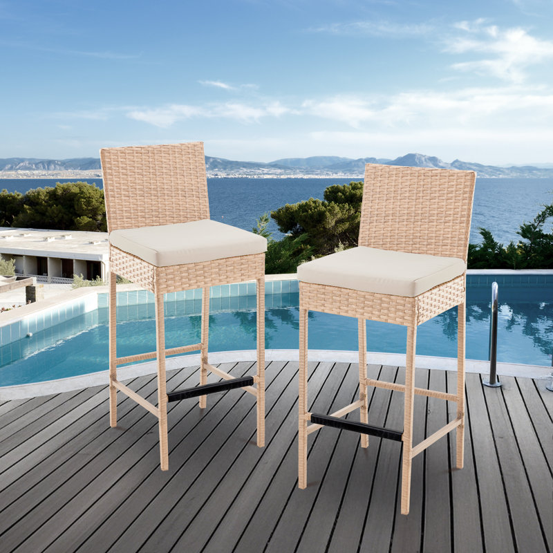 Set of 2 30" Outdoor Wicker Bar Stools with Cushion, Aluminum Frame, Beige, Brown