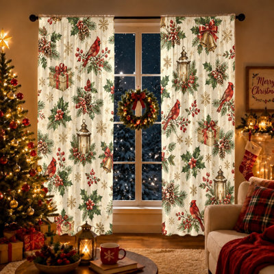 2Pcs Vintage Christmas Cardinal Lantern Gift Pattern Curtains, Light Filtering Rod Pocket Window Drapes for Living Room Bedroom Kitchen Holiday Decor, Home Decor and Accessories