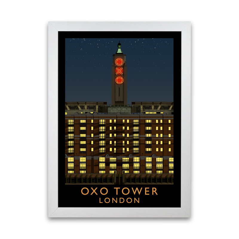 Oxo Tower London At Night by Richard O'Neill - Single Picture Frame Print, 594 cm H x 42 cm W, White