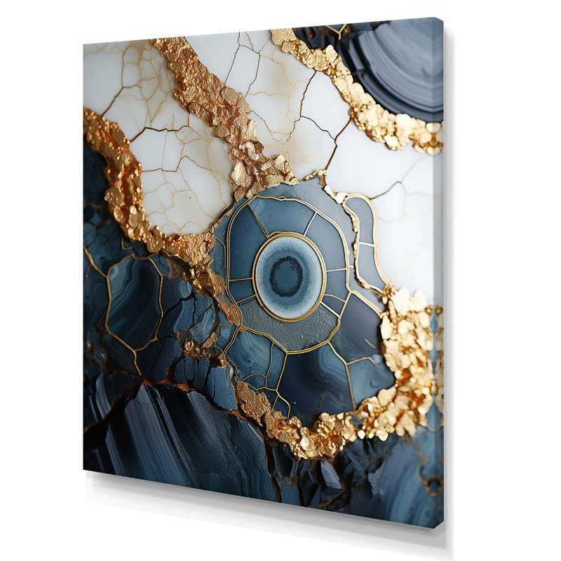 Art mural doré et bleu Geode IV - encre liquide abstraite, Toile tendue, H 44 po x l 34 po x P 1,5 po