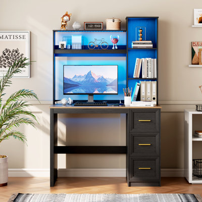 Computer Desk with Power Outlet and Tri-Color Light, Home Desk with Shelves and Drawer