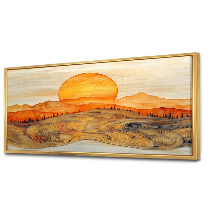 Lever de soleil sur un horizon de montagne en marbre - forêt, art mural, H 28 po x l 60 po, Floater Framed, Doré