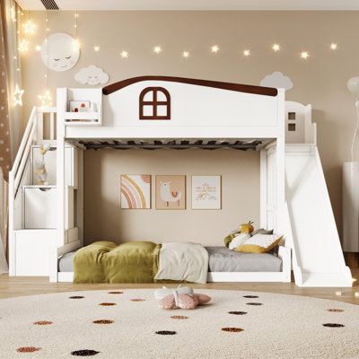 Twin over Full Bunk Bed with Storage Staircase, Shelf, Slide & Wardrobe, Kids Wooden Bunk Bed, Natural/Espresso