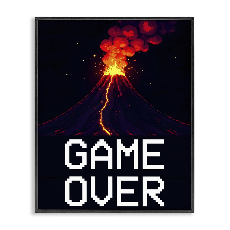 «Pixel Volcano Game Over», estampe numérique, conception de Kim Allen, H 14 po x l 11 po, Giclée encadrée noir minuit
