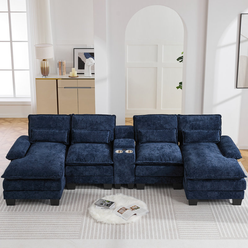 125.6'' U Shaped Sectional Sofa with Chaise Lounges, Storage Console, USB Charging Ports, Cup Holders, Sherpa-Chenille