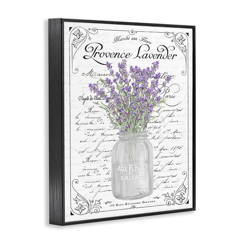Lavande ornée d'un script français, estampe numérique encadrée noire avec lettres et lignes, Giclée encadrée noir minuit
