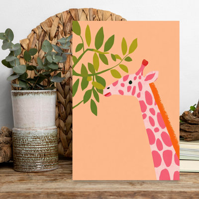 Pink Giraffe Eating Leaves Abstract Colorful Modern Giraffe Nature Tree Wall Art Print 1 Piece Wrapped Canvas Wall Art