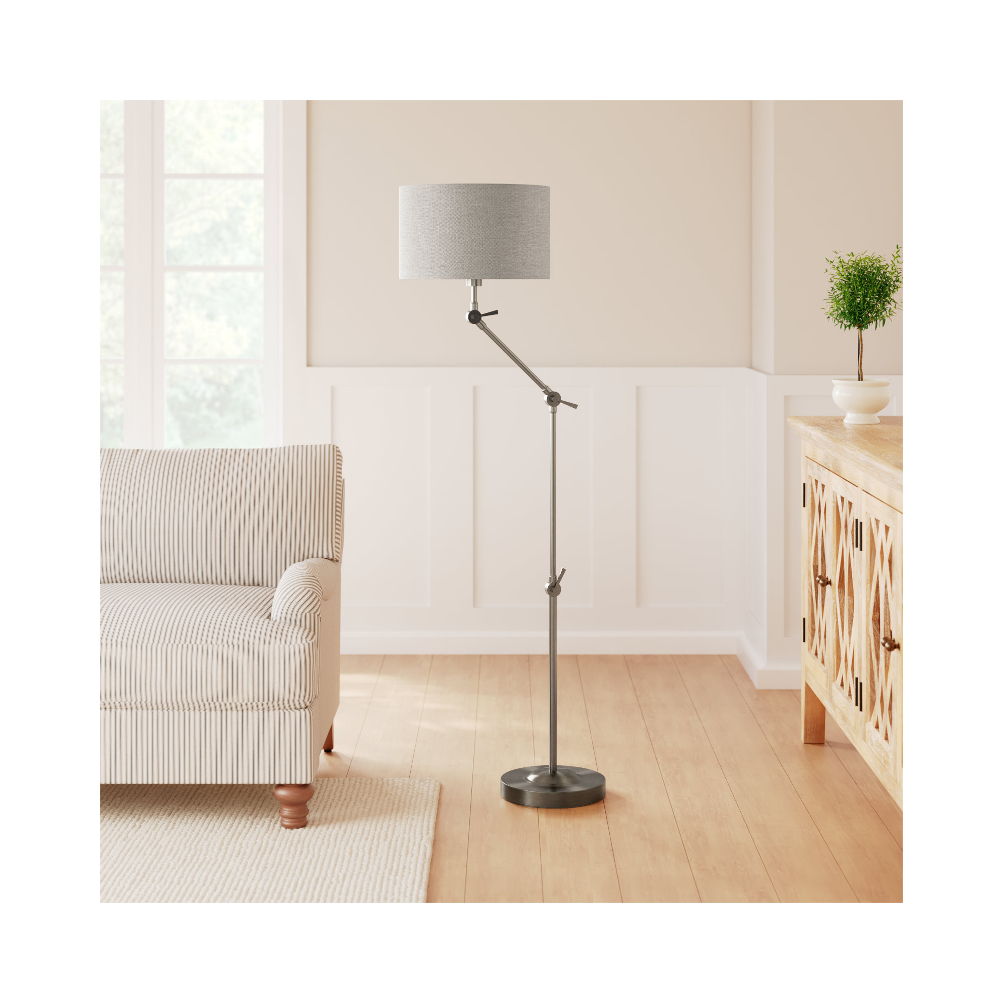 65.25'' Dimmable Swing Arm Floor Lamp, Light Taupe Textured Fabric, Brushed Steel