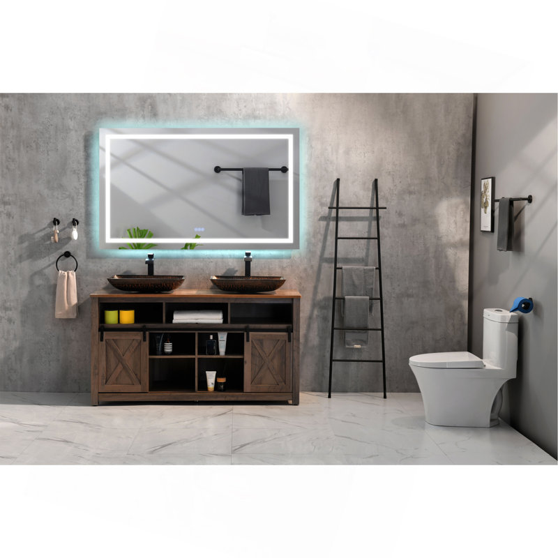 Miroir de salle de bain 60 po x 36 po à DEL avec façade et rétroéclairage, miroir de meuble-lavabo mural, anti-buée, mémoire, 3 couleurs, réglable en continu