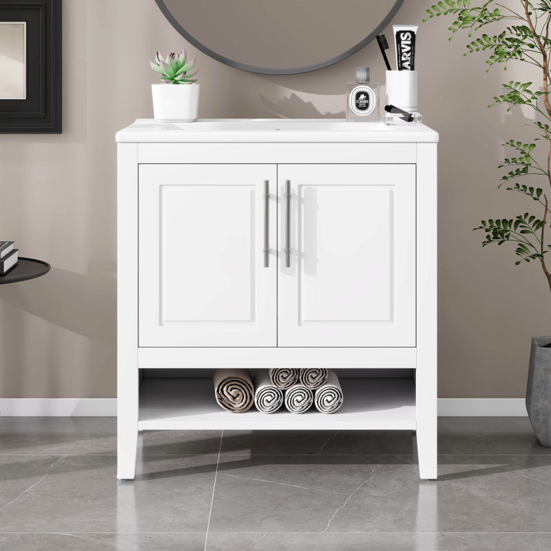 Ensemble de meuble-lavabo 30 po avec lavabo, armoire de salle de bain autoportante avec portes et tiroirs, cadre solide et panneau de fibres à densité moyenne