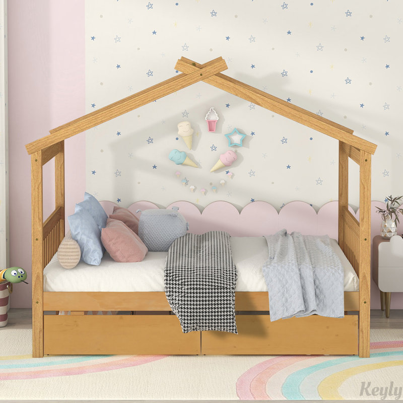 Lit en bois avec tiroirs, Naturel, Double