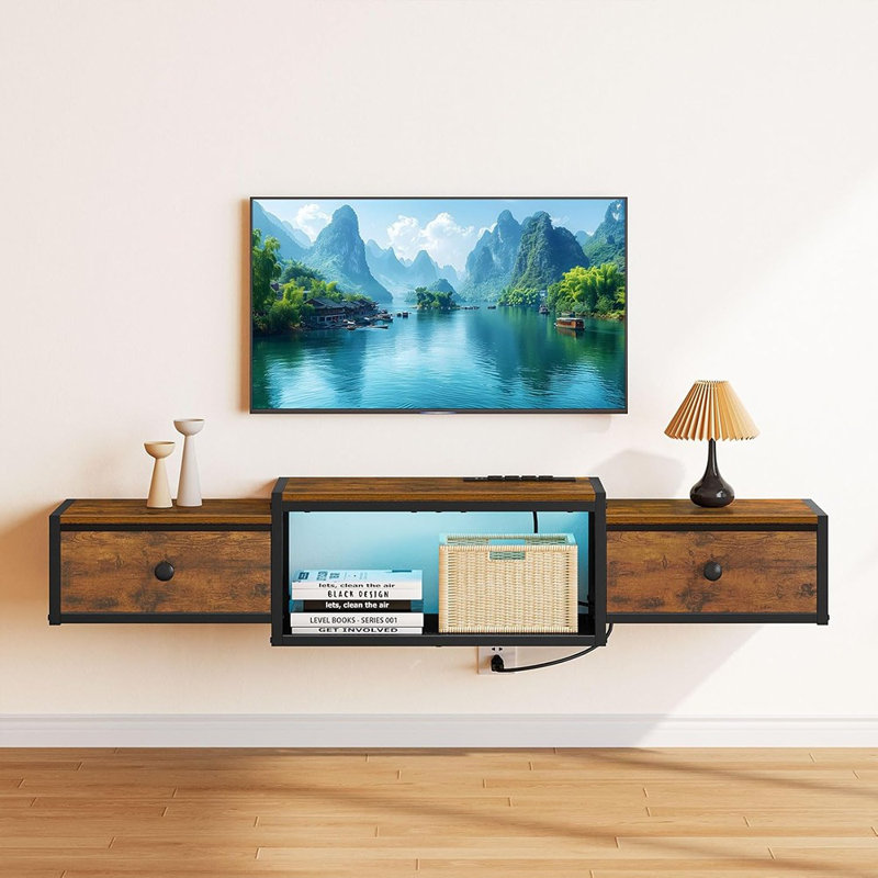 Floating Tv Stand 55" – Wall-mount Media Console With Led Lights, Outlet & Drawer
