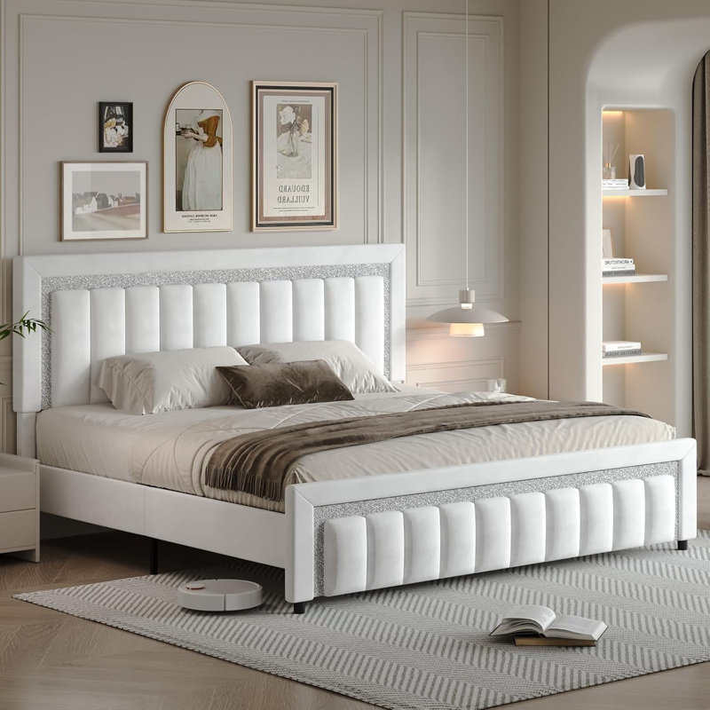 Velvet Upholstered Platform Bed Frame with Vertical stripes Headboard and Footboard and Footboard, White, King