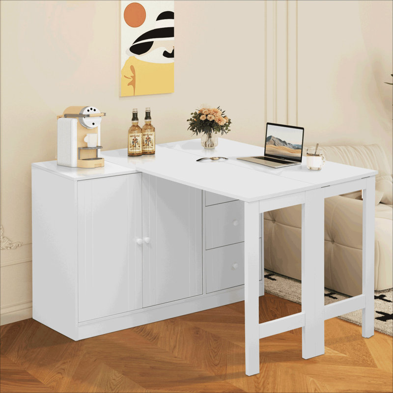 Sideboard that effortlessly converts into a dining table and Adjustable Pull-Out Top, White