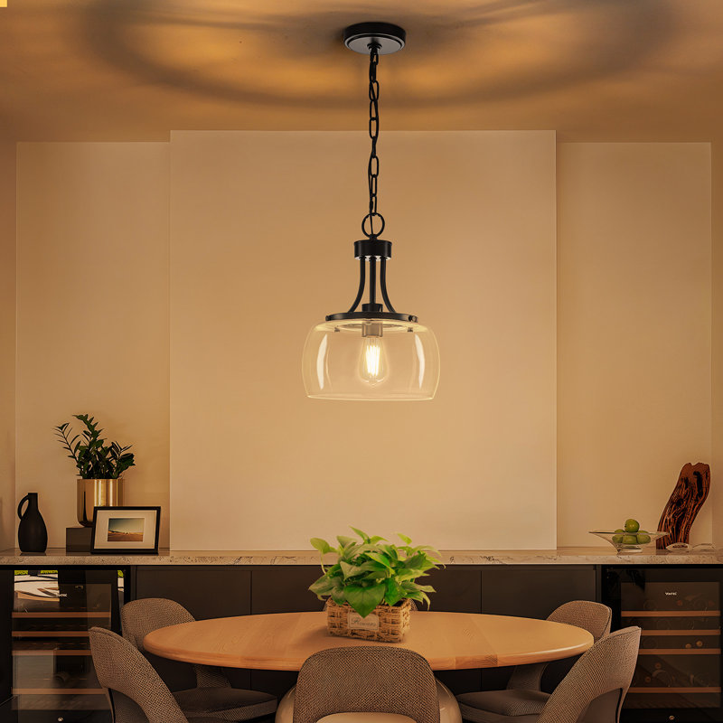 1- Light Modern Clear Glass Dome Pendant Light , Matte Black