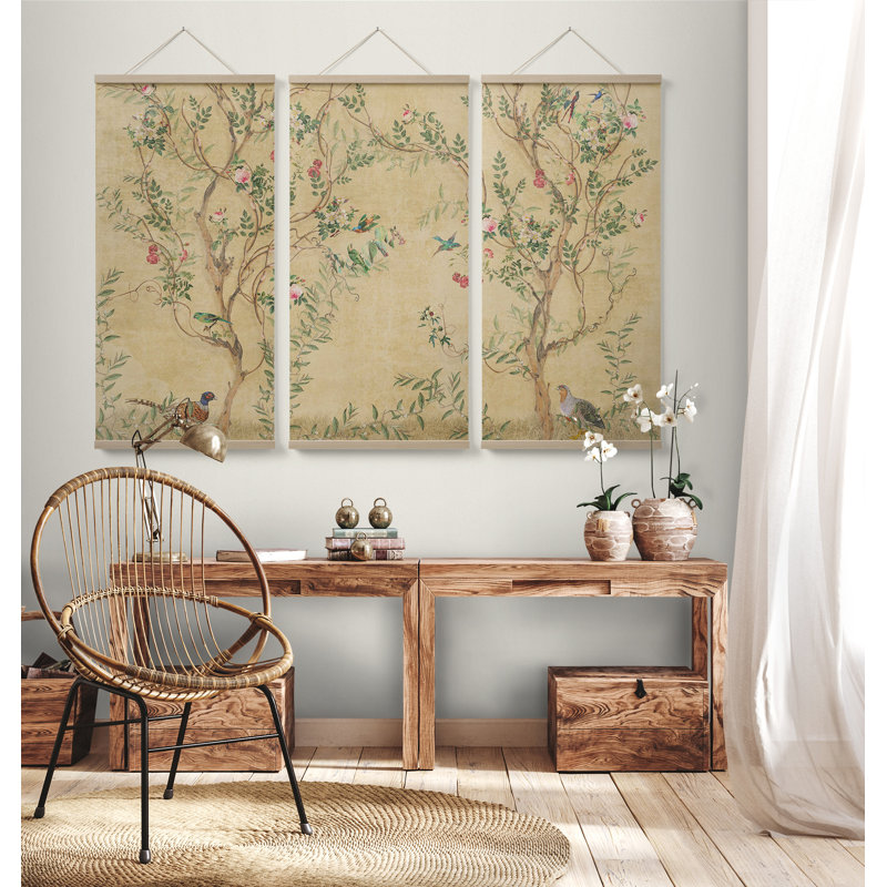 Porte-affiche chinois imprimé sur tissu 3 pièces, Jaune