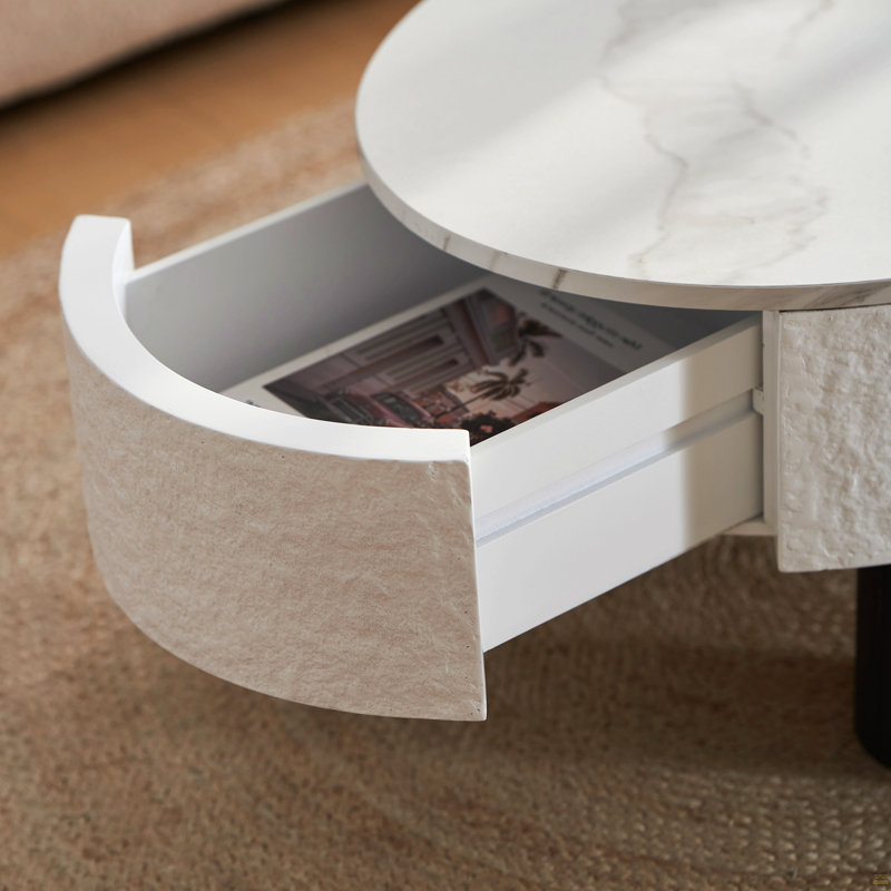 Table basse ovale avec plateau en faux marbre, table basse avec tiroir caché et espace de rangement
