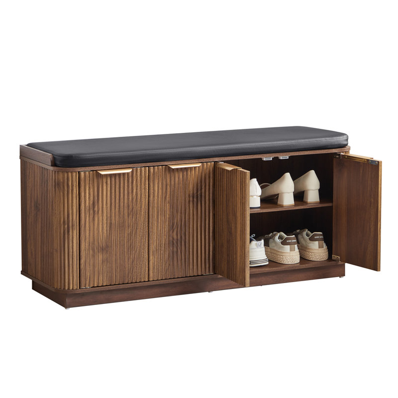 8 Pair Upholstered Shoe Storage Bench With 2 Cabinet, Walnut