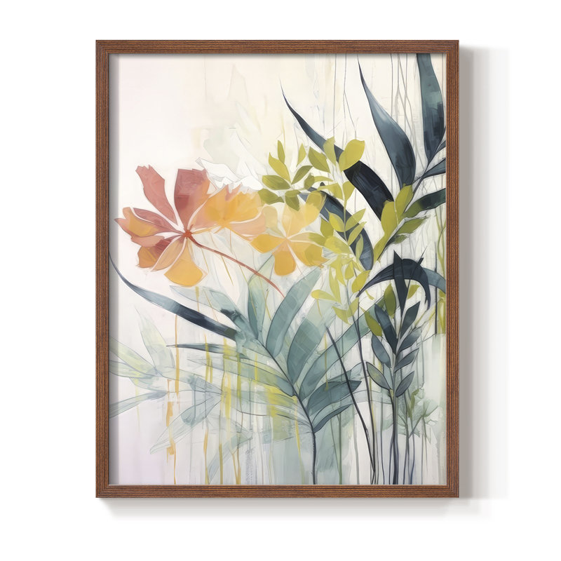 «Pink and Yellow Floral Elegance II», reproduction encadrée - bois massif, Noyer, H 15 po x l 12 po