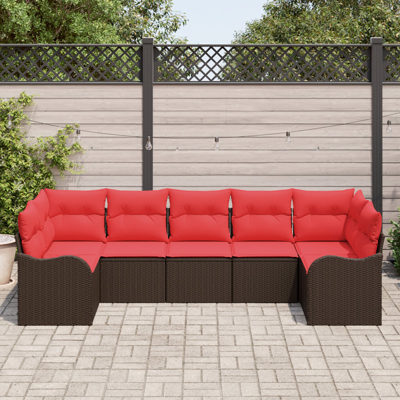 vidaXL Garden Sofa Set Brown Poly Rattan, Brown Frame/Red Cushion