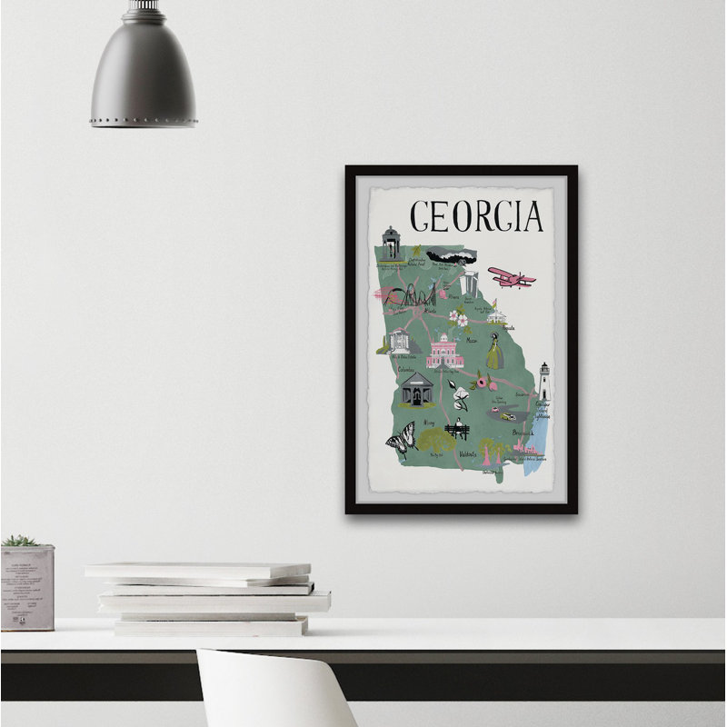 Carte illustrée de l'État de Géorgie II - Reproduction d'art sur papier encadrée, H 24 po x l 16 po x P 1,5 po