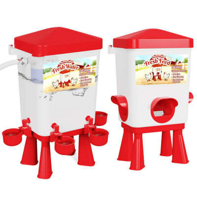 3 Gallon/16 Pounds Chicken Feeder and Waterer Set - Automatic Float Valve Waterer with Built-in Filter, Poultry Feeding & Watering Equipment for Chickens, Ducks, Geese, Chicken Coop Accessories(Red)