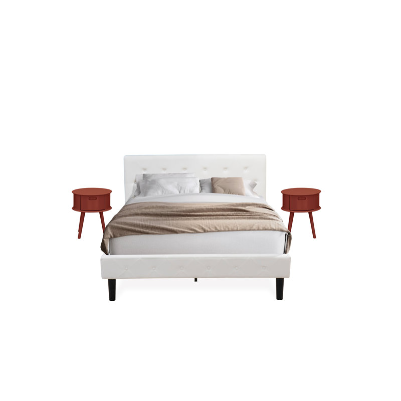 Ensemble de lit grand 3 pièces - Base de lit capitonnée - Tête de lit tapissier en tissu de velours blanc lin et table de chevet à finition bourgogne
